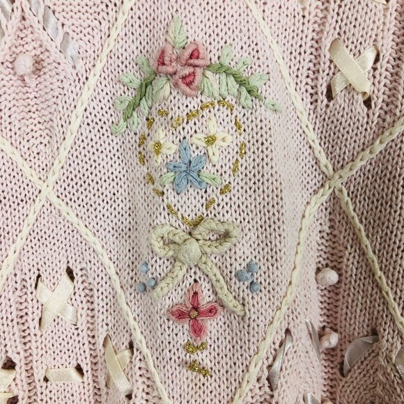 Vtg Laura Gayle Pink Embroidered Knit Sweater Women’s Large Floral Ribbon - Picture 4 of 9